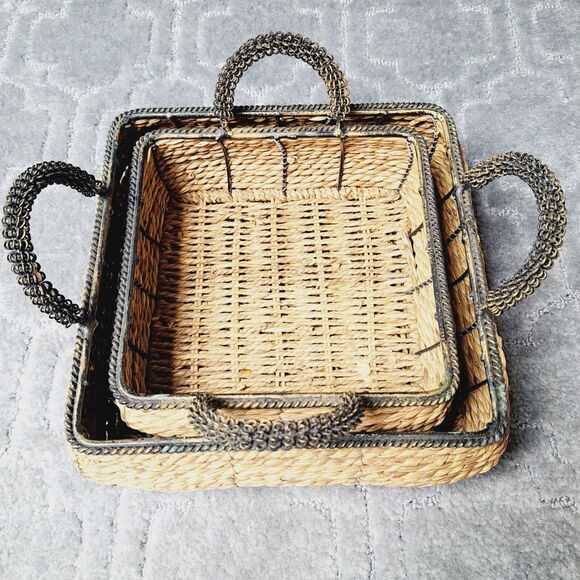 Square Wicker Nesting Baskets LOT OF 2 BLACK METAL HANDLES TRIM rustic cottage - Picture 11 of 11